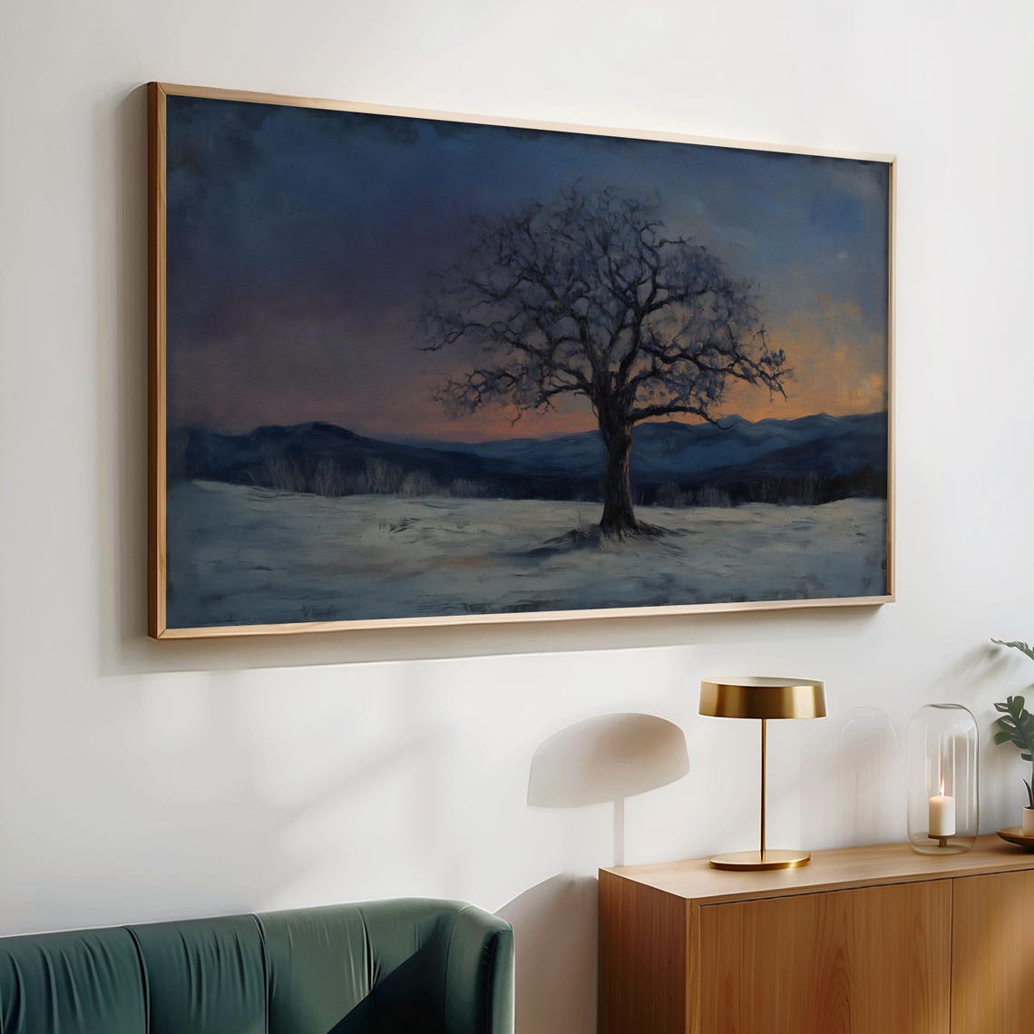Lone Winter Tree Twilight Snowy Field Mountain Frame TV Art Poster - Image 2