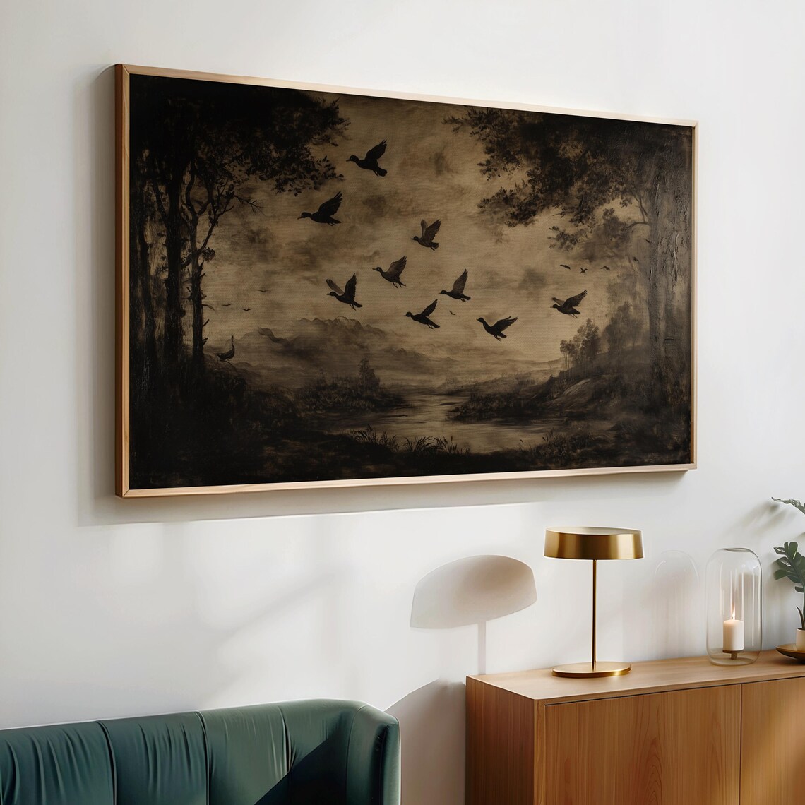 Vintage Bird Flock Silhouette Over Misty Lake Sepia Nature Wall Art Poster - Image 2