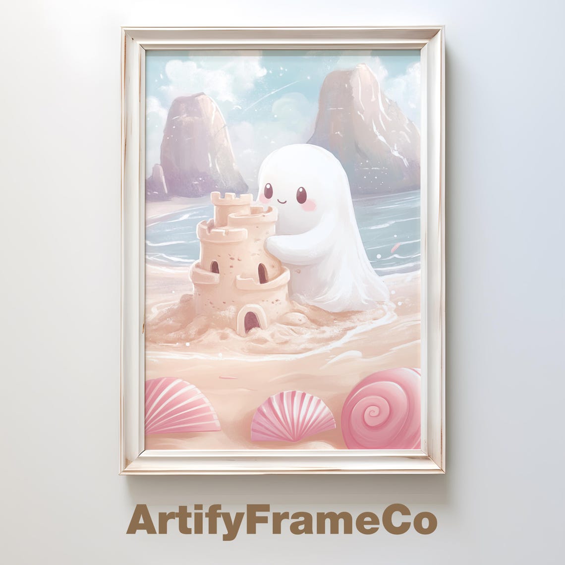 Cute Ghost Building Sandcastle On Beach With Pink Shells Poster