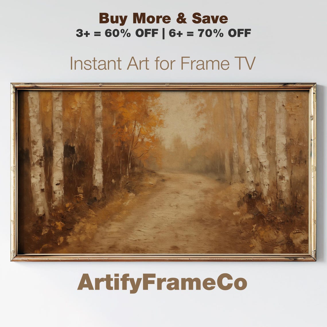 Autumn Birch Forest Dirt Road Warm Copper Tone Painting Poster