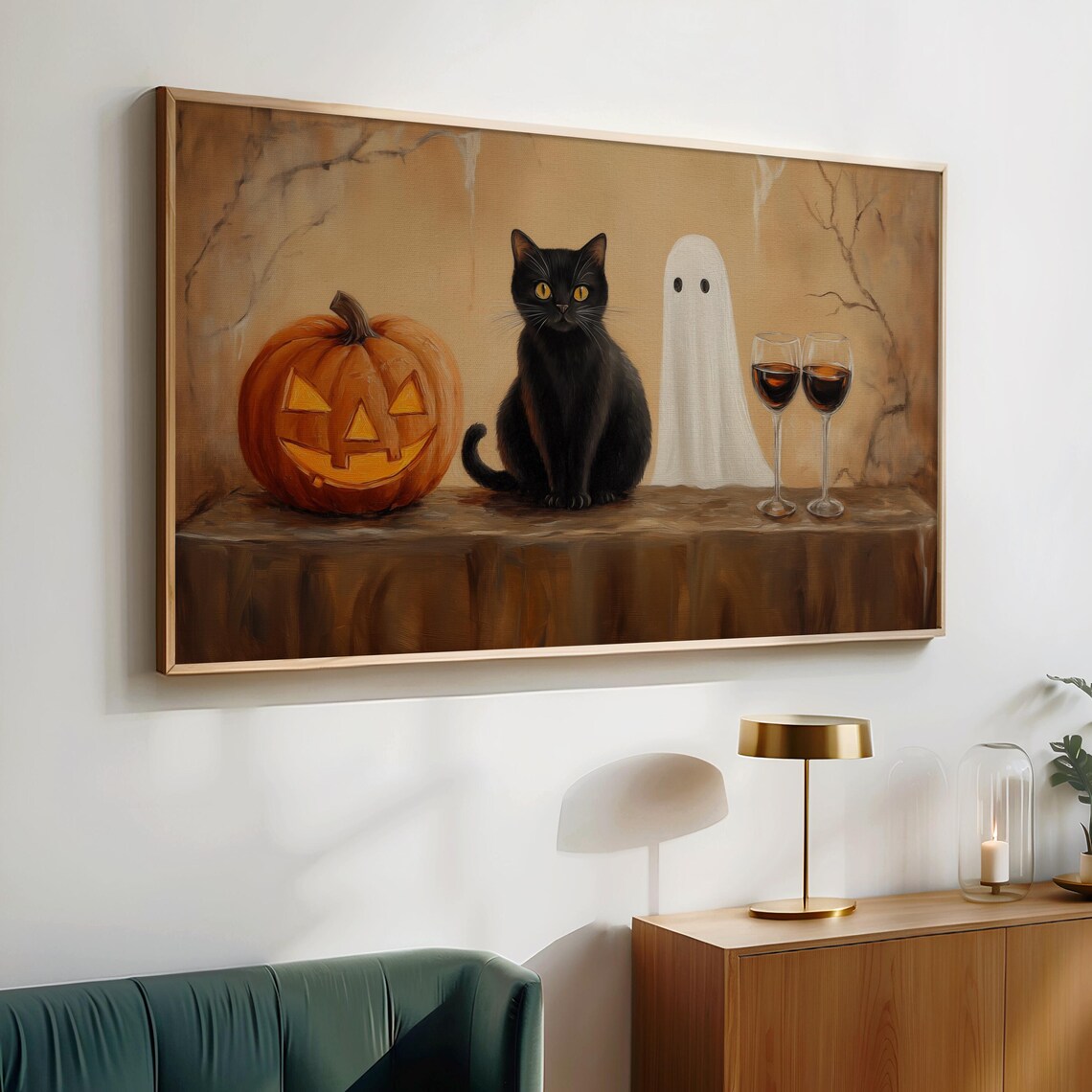 Black Cat Ghost Jack O Lantern and Wine Playful Halloween Still Life Wall Art - Image 4