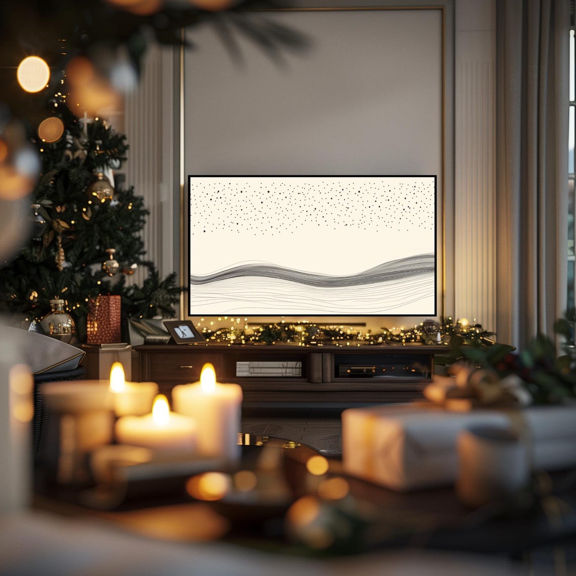 Starry Night Over Flowing Line Waves Abstract Sky Art Poster - Image 3