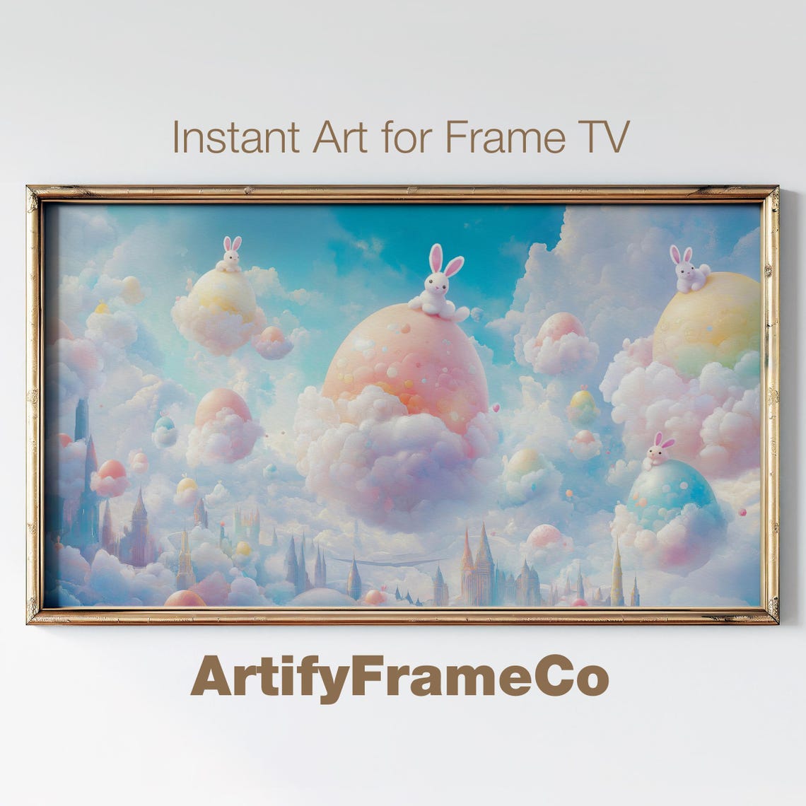 Fantasy Bunnies on Giant Pastel Easter Eggs Floating Cloud Sky Poster