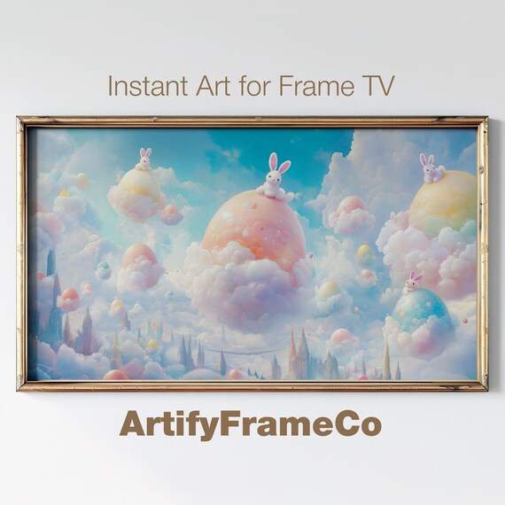 Fantasy Bunnies on Giant Pastel Easter Eggs Floating Cloud Sky Poster