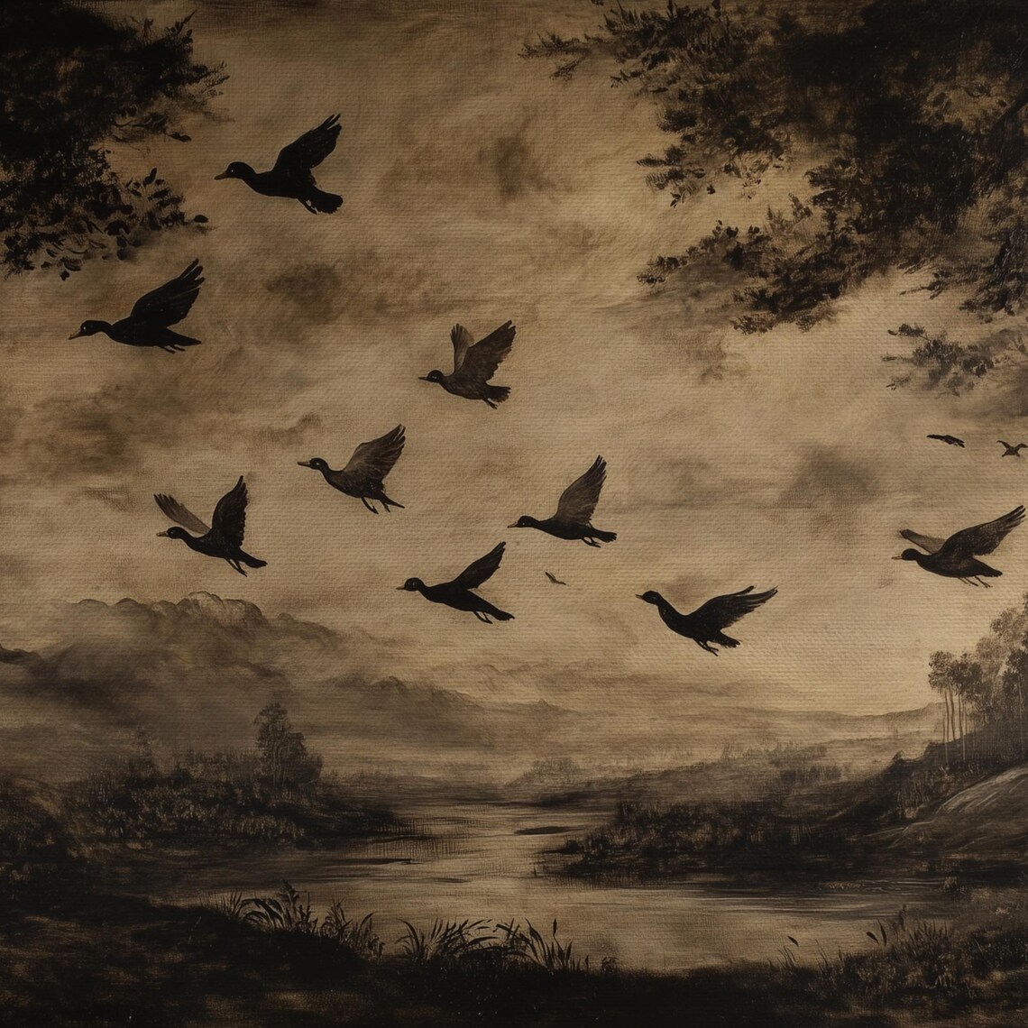 Vintage Bird Flock Silhouette Over Misty Lake Sepia Nature Wall Art Poster - Image 4