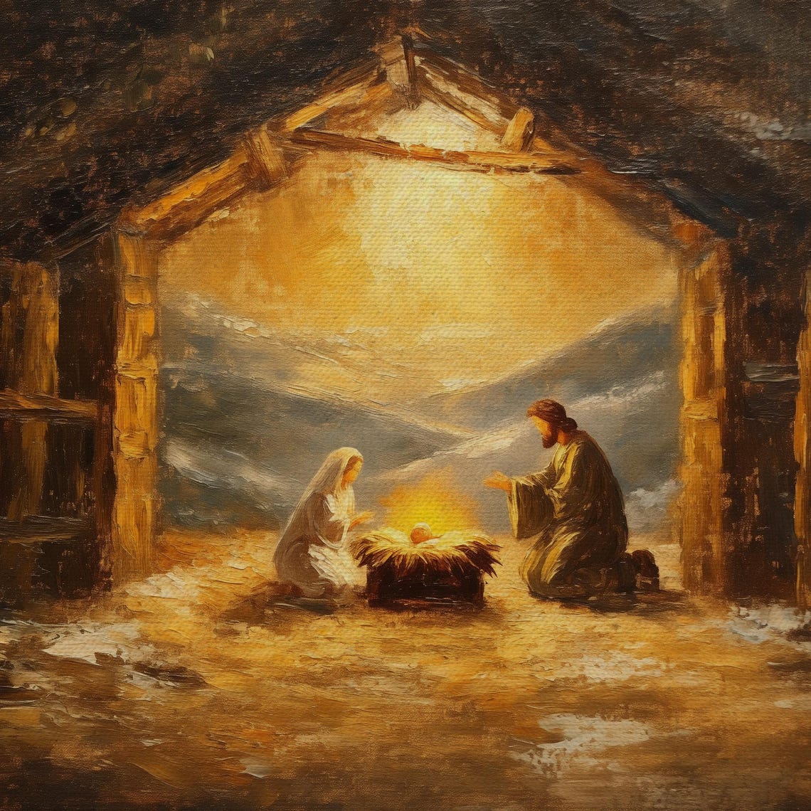 Nativity Scene in Rustic Stable Warm Golden Light Christmas Poster - Image 4