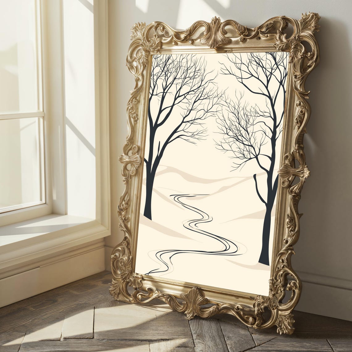 Winding Winter Path Between Bare Trees Soft Neutral Art Poster - Image 2