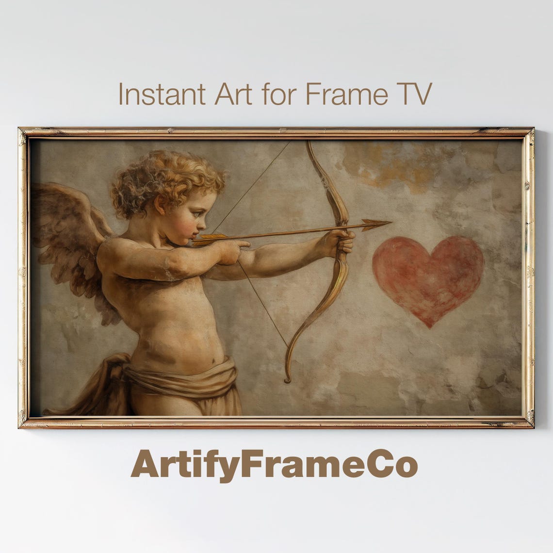 Cupid Aiming Bow at Red Heart Classical Antique Oil Painting Poster