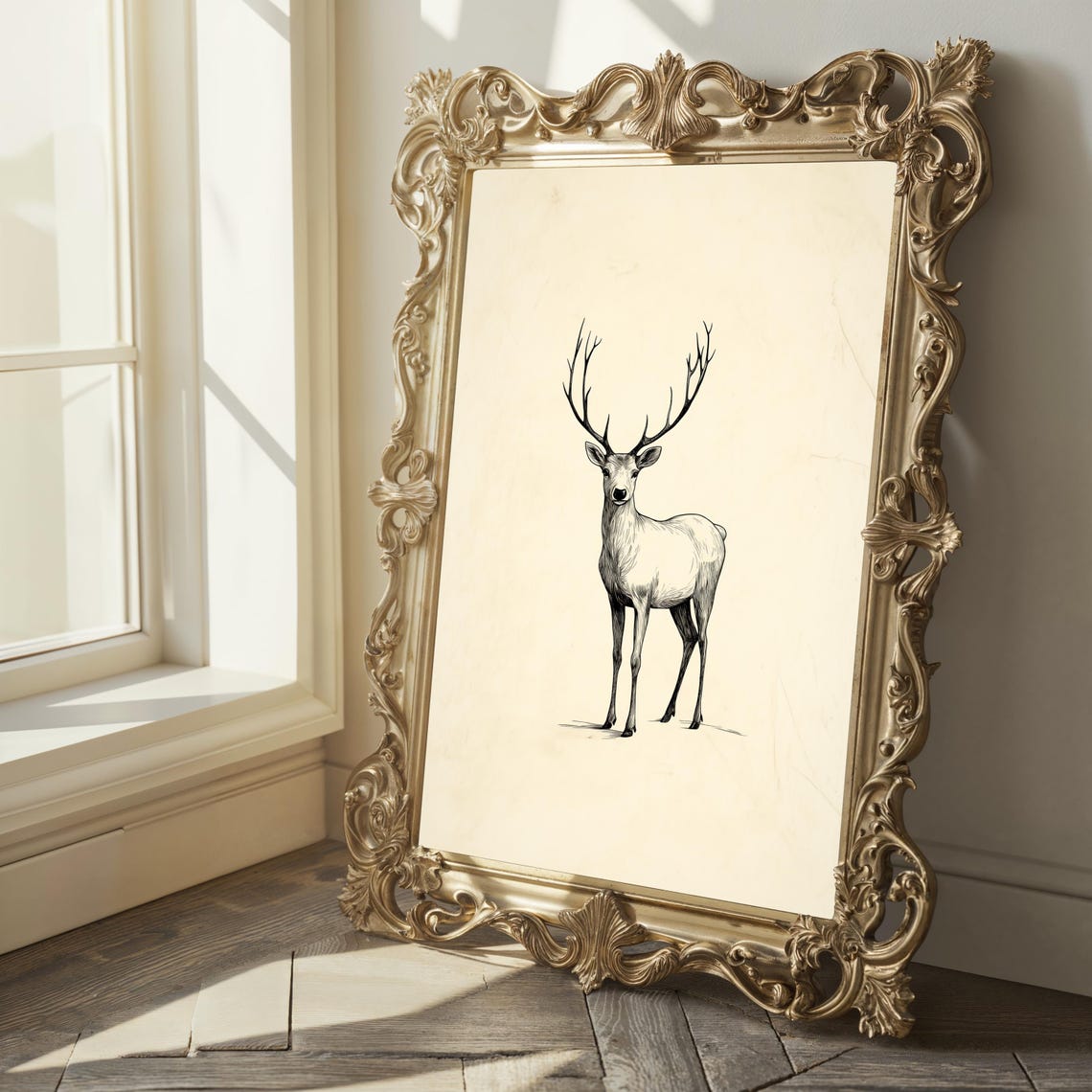 Minimalist Reindeer Line Sketch Vintage Winter Wildlife Poster - Image 2