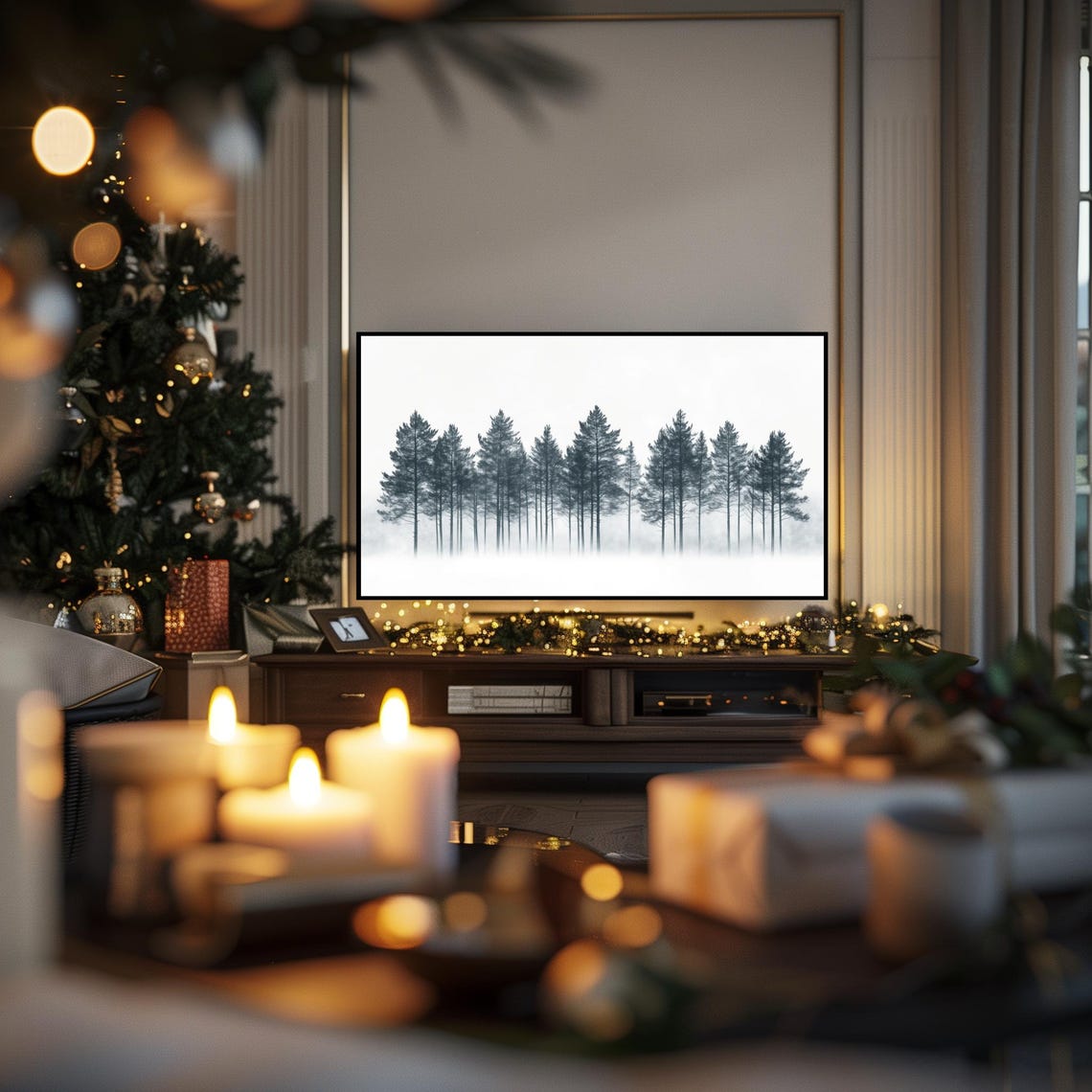 Misty Pine Forest Row Monochrome Tranquil Winter Forest Art Poster - Image 3