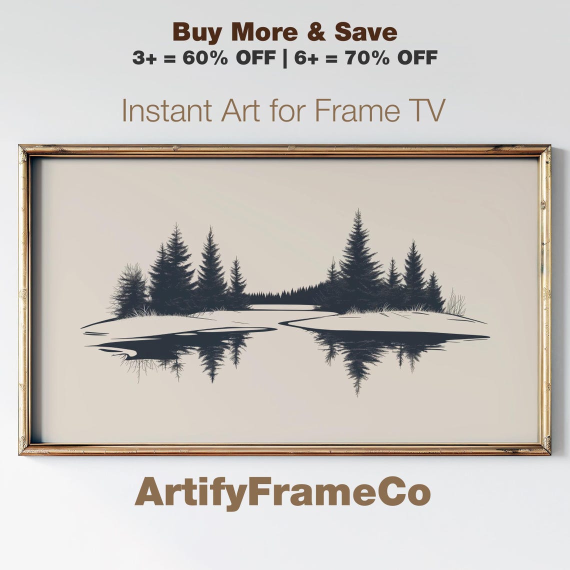 Frozen Lake With Pine Trees Mirror Reflection Winter Art Poster