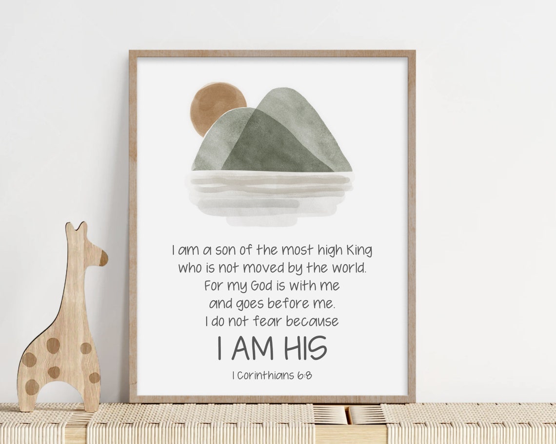 I Am His Christian Nursery Decor Boys Bible Verse Mountain Poster