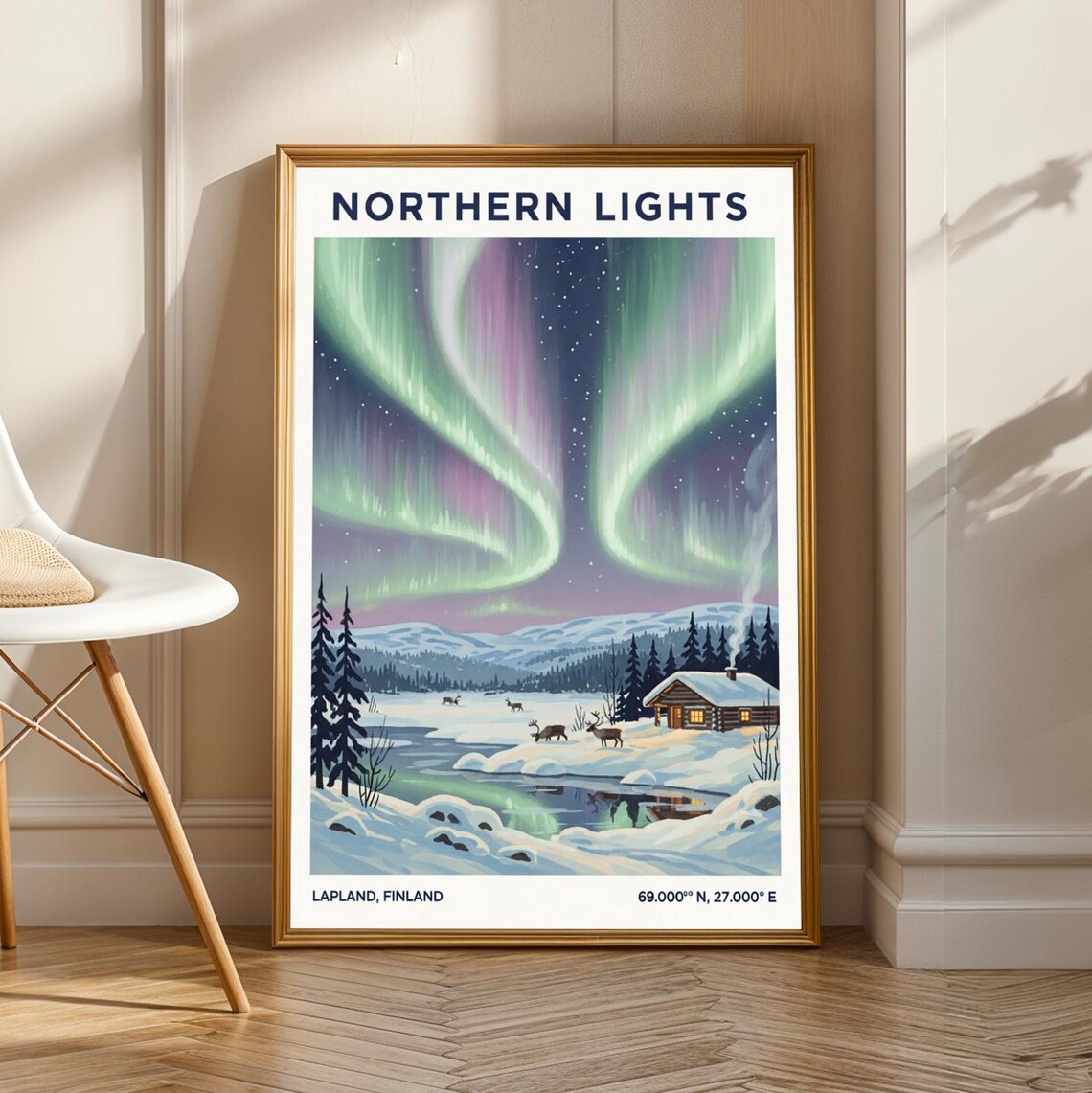Lapland Northern Lights Poster Vintage Gouache Art Green Purple Blue Winter Landscape Scandinavian Travel Decor Living Room