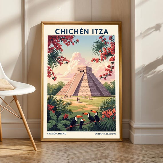 Chichn Itz Pyramid Print Green And Red Travel Art Orange Blue Beige Mexican Illustration Living Room Or Office Decor