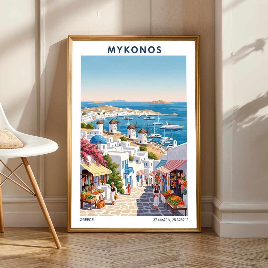 Mykonos Greece Windmills Harbor Vintage Coastal Travel Poster