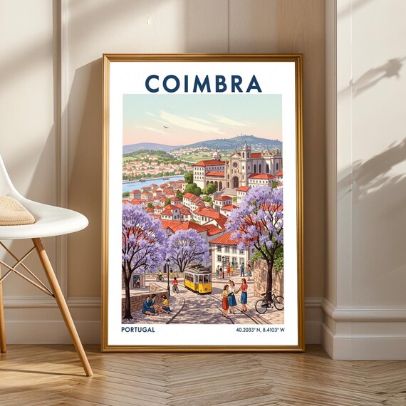 Coimbra Portugal Yellow Tram Jacaranda Blossom City Street Poster