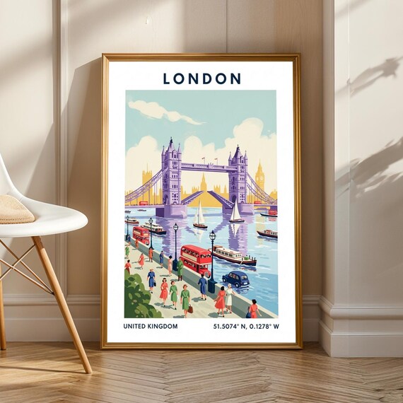 London Tower Bridge Thames River Retro City Landmark Travel Poster