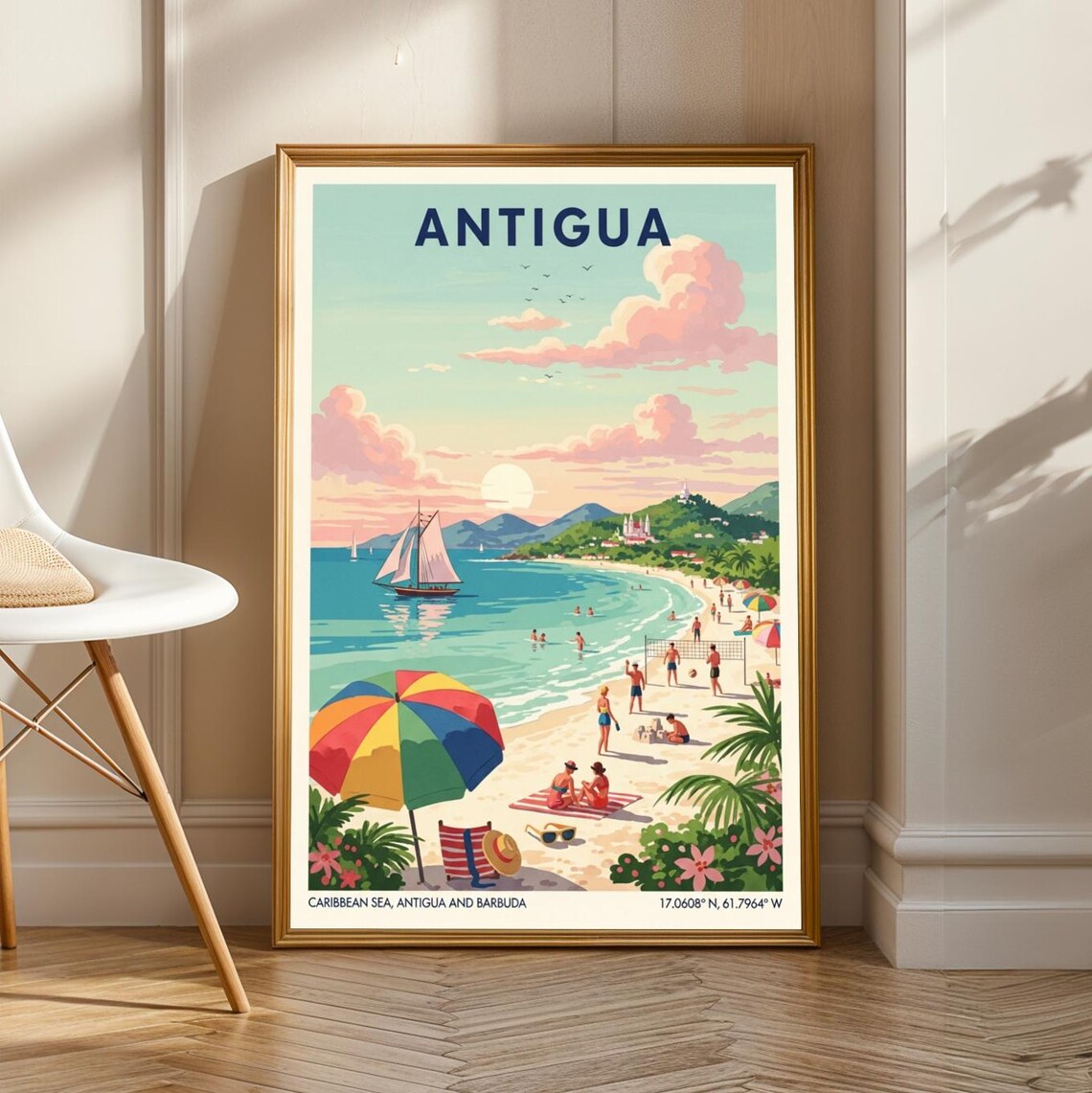 Antigua Caribbean Beach Golden Sunset Island Vintage Travel Poster