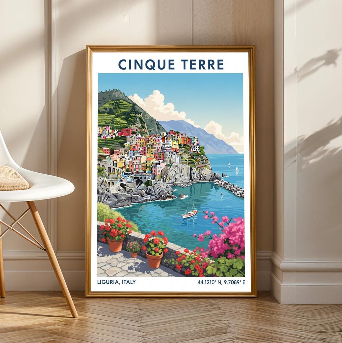 Cinque Terre Italy Gouache Poster Blue Pink Green Red And Yellow Art Italian Coastal Landscape Travel Wall For Living Room