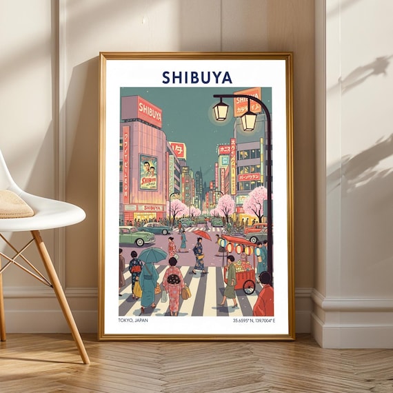 Shibuya Tokyo Neon Art Print Pink And Teal Red Yellow Illustration Japanese Urban Living Room Office Decor For Lover