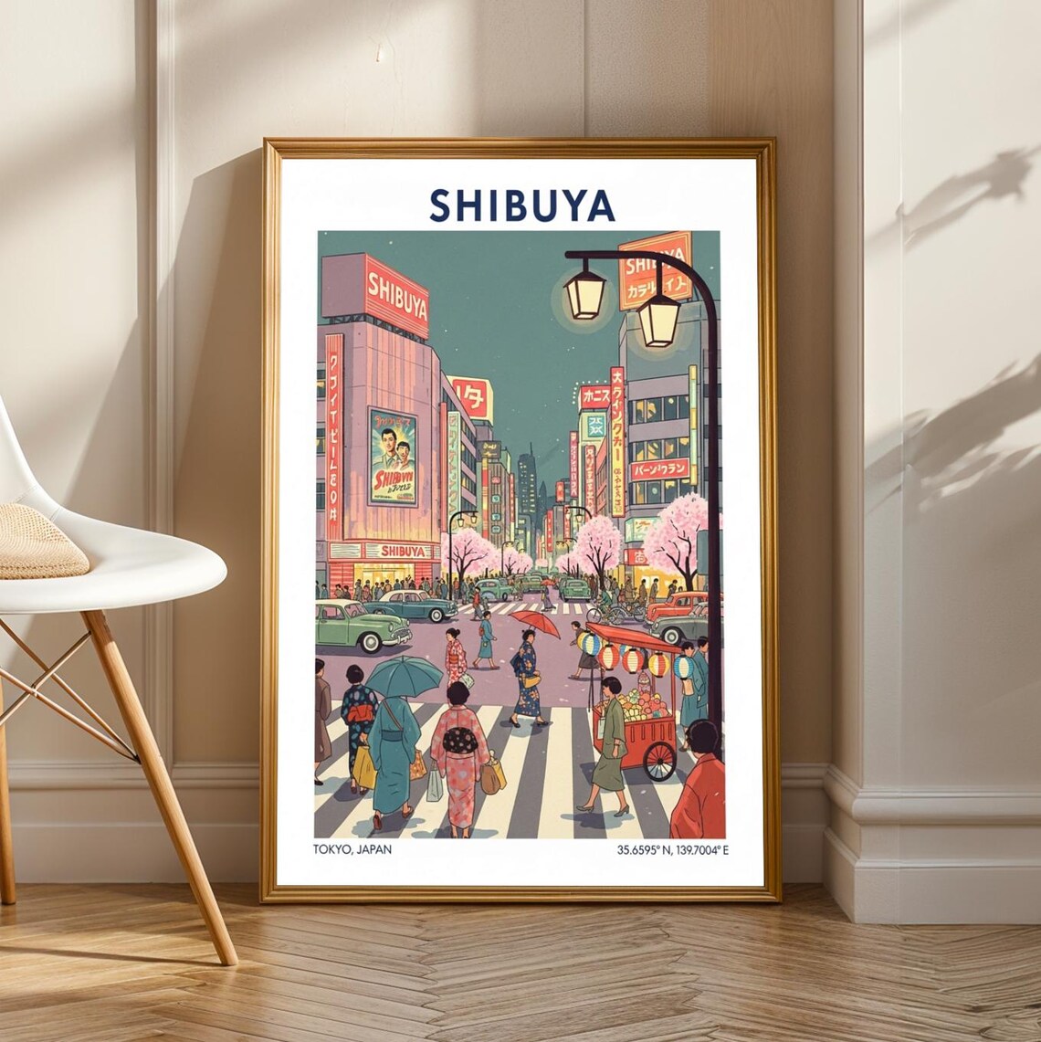Shibuya Tokyo Retro Neon Night Scene Vintage Japanese Travel Poster