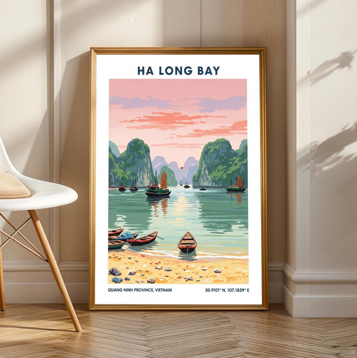 Golden Hour Ha Long Bay Vietnam Sunset Travel Poster Sandy Beach View