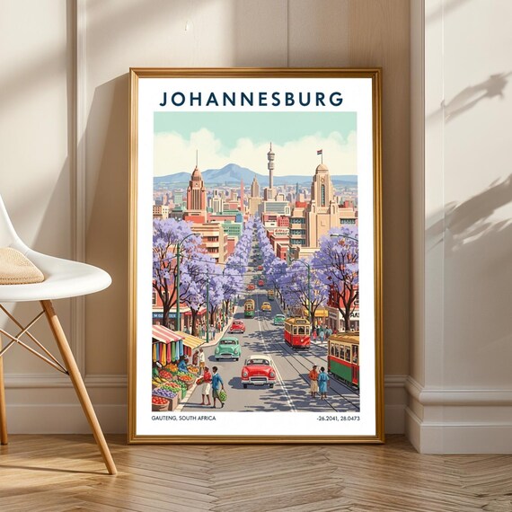 Johannesburg Jacaranda Street Retro South African Cityscape Poster