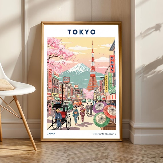 Tokyo Tower And Mount Fuji Retro Japanese Street Travel Poster