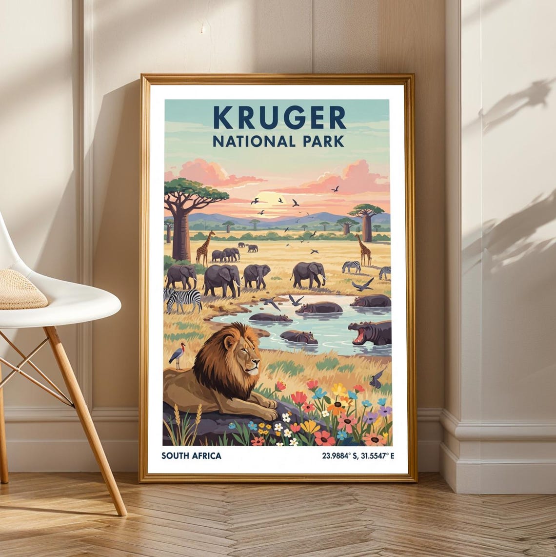 Kruger National Park Poster Vintage Gouache Painting African Wildlife Art Green And Blue Safari Print Travel Decor For Living Room