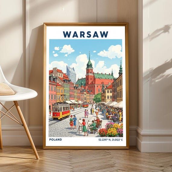 Warsaw Vintage Travel Poster, European Cityscape