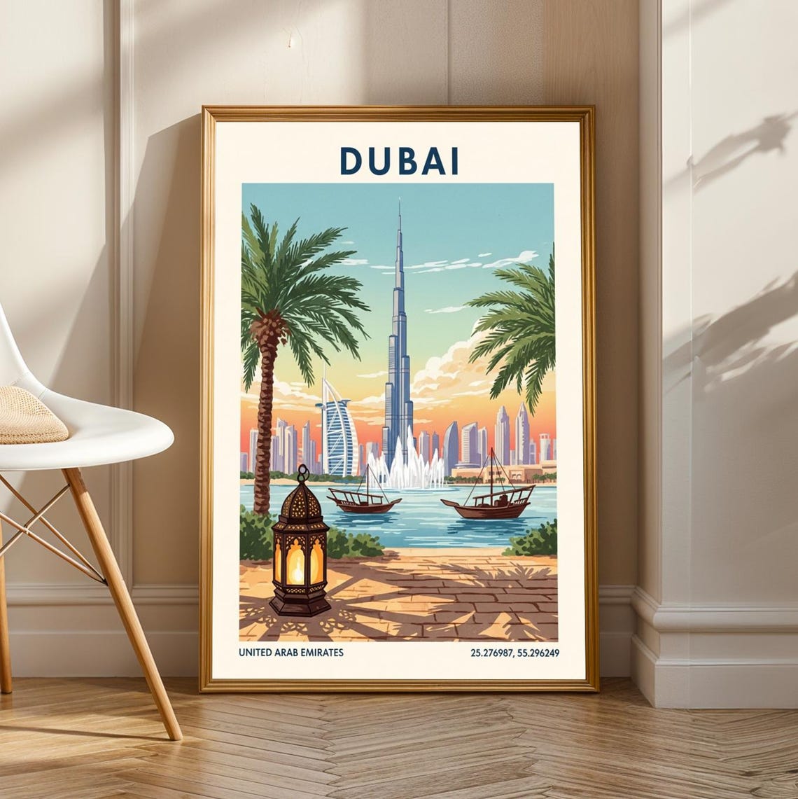 Dubai Burj Khalifa Vintage Travel Poster Palm Souk Cityscape Art