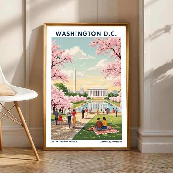 Washington DC Cherry Blossom National Mall Retro Travel Poster