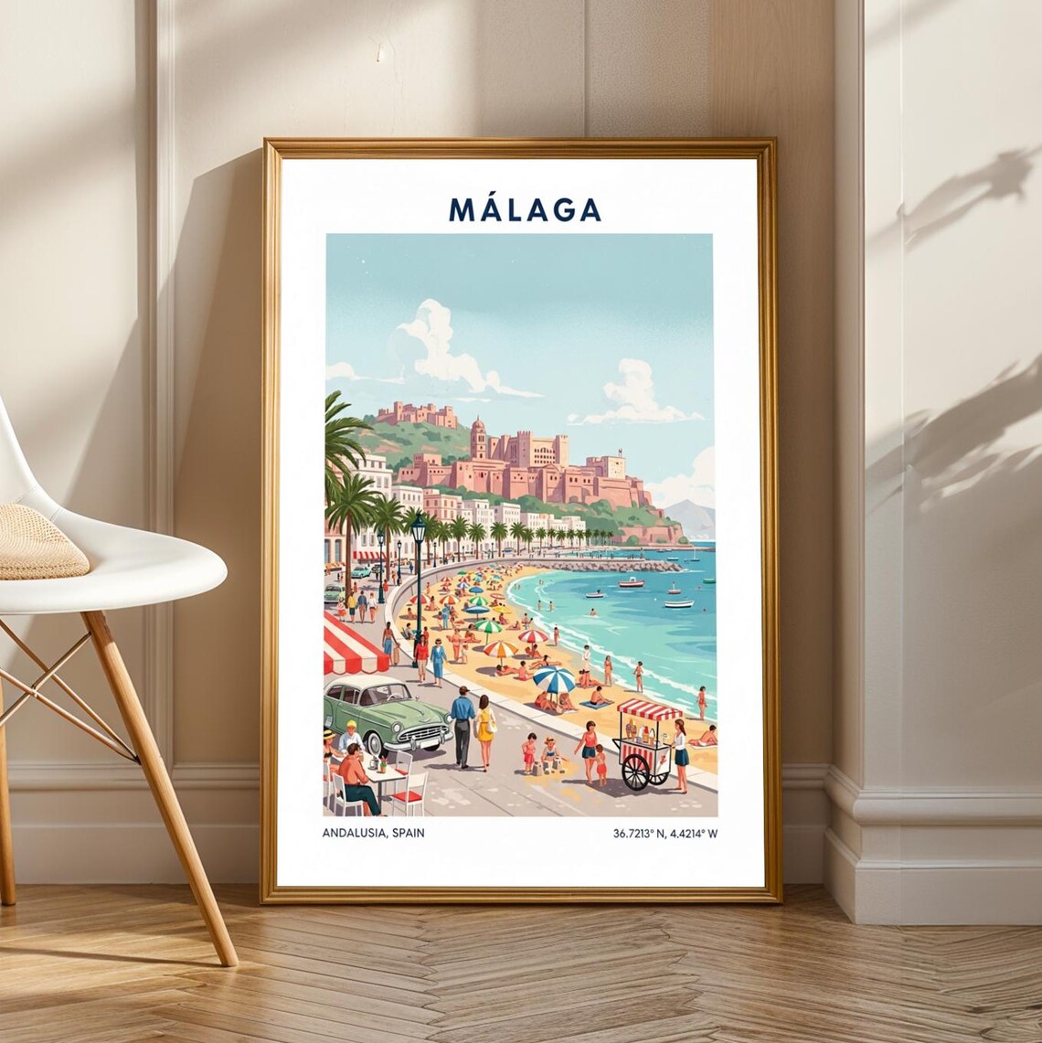 Málaga Spain Beach Promenade Alcazaba Fortress Travel Poster