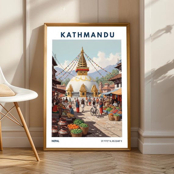 Kathmandu Boudhanath Stupa Market Vintage Travel Poster