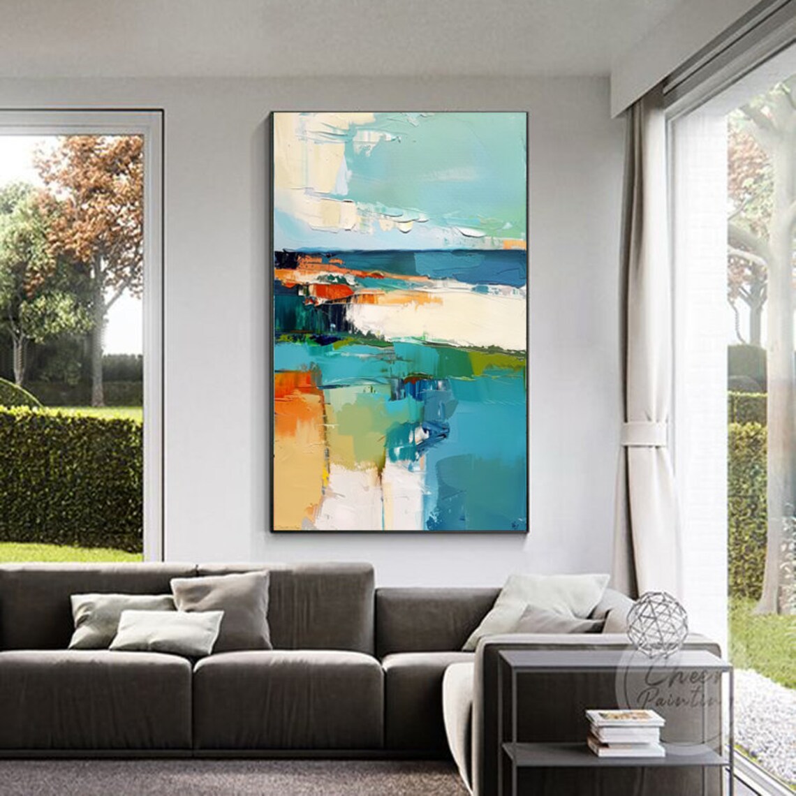 Teal Orange Abstract Landscape Blocks Vertical Painting Poster - Image 2