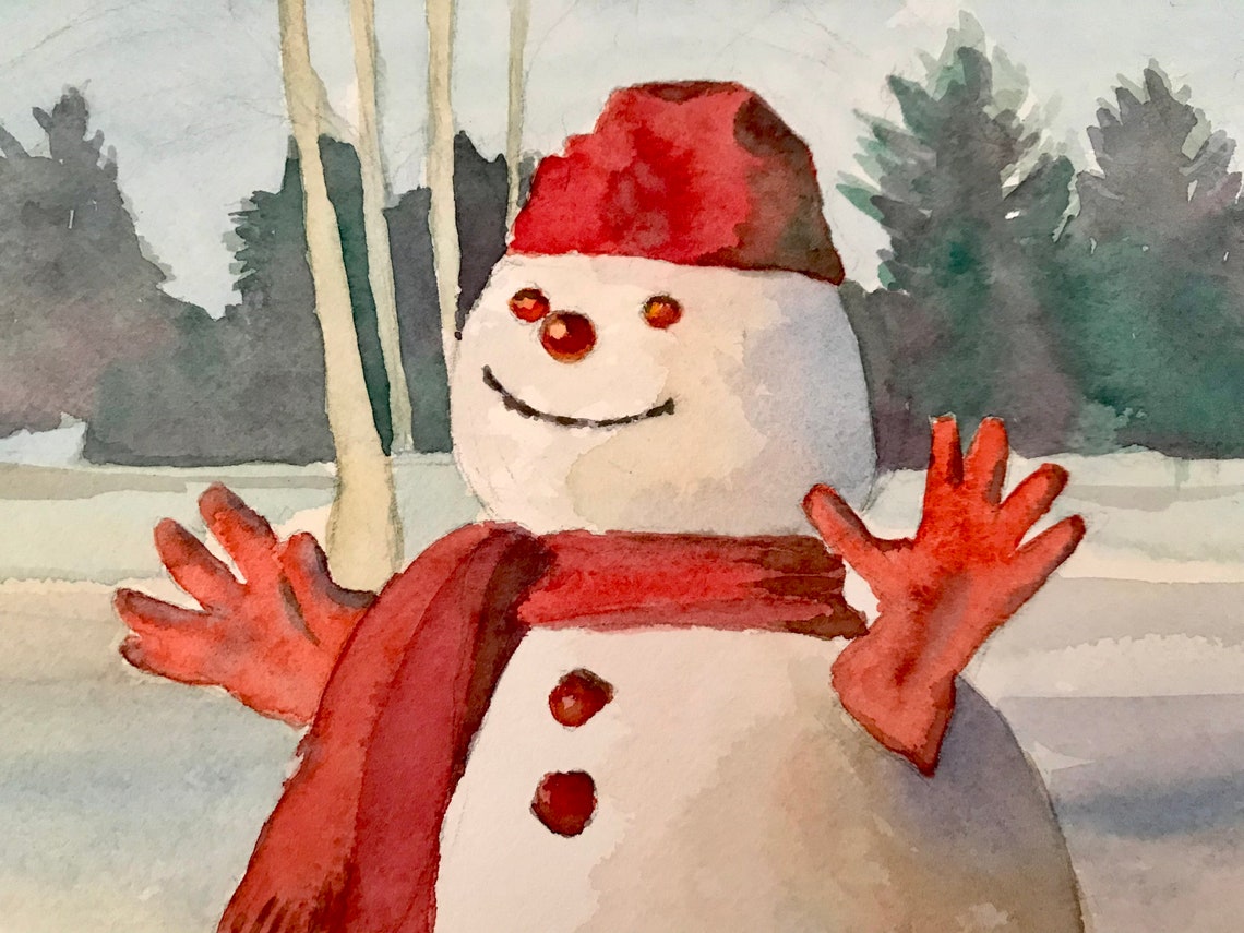 Cheerful Snowman Waving in Red Hat and Scarf Winter Scene Poster - Image 3
