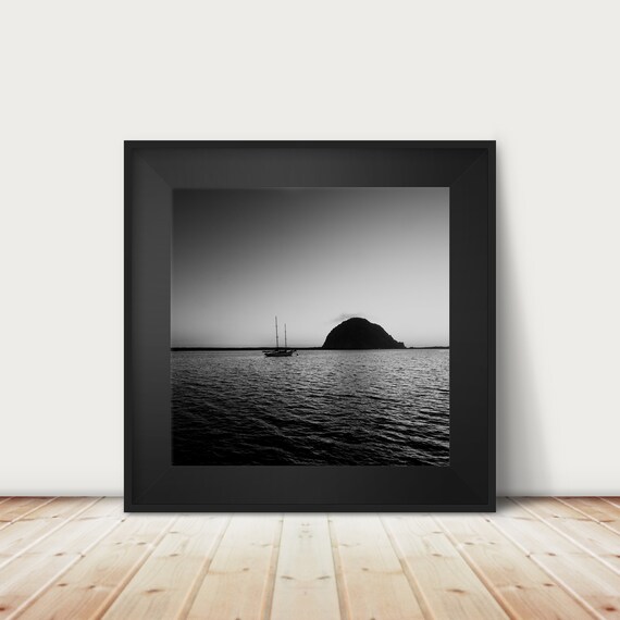 Morro Rock Sailboat Silhouette Black And White Ocean Sunset Print