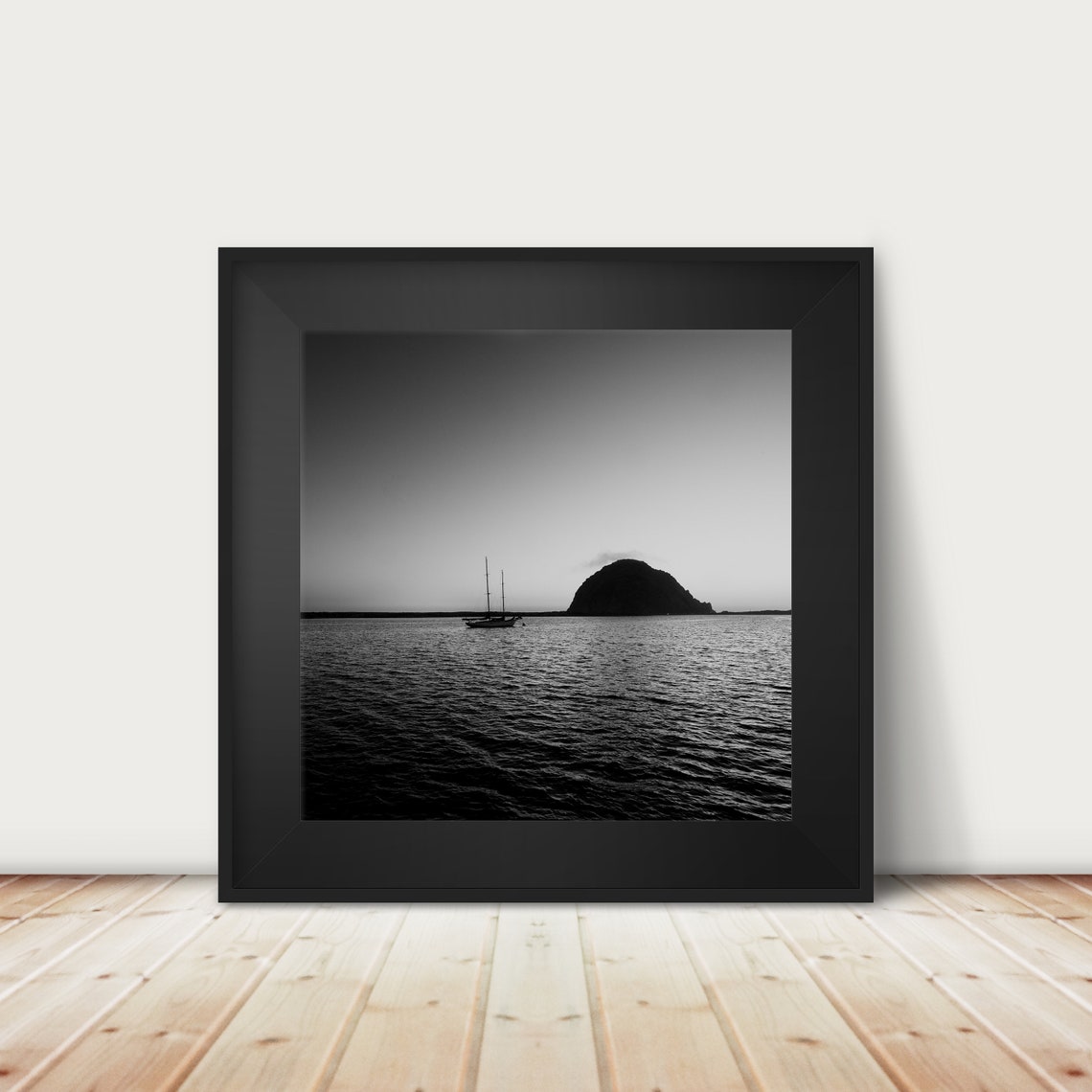 Morro Rock Sailboat Silhouette Black And White Ocean Sunset Print