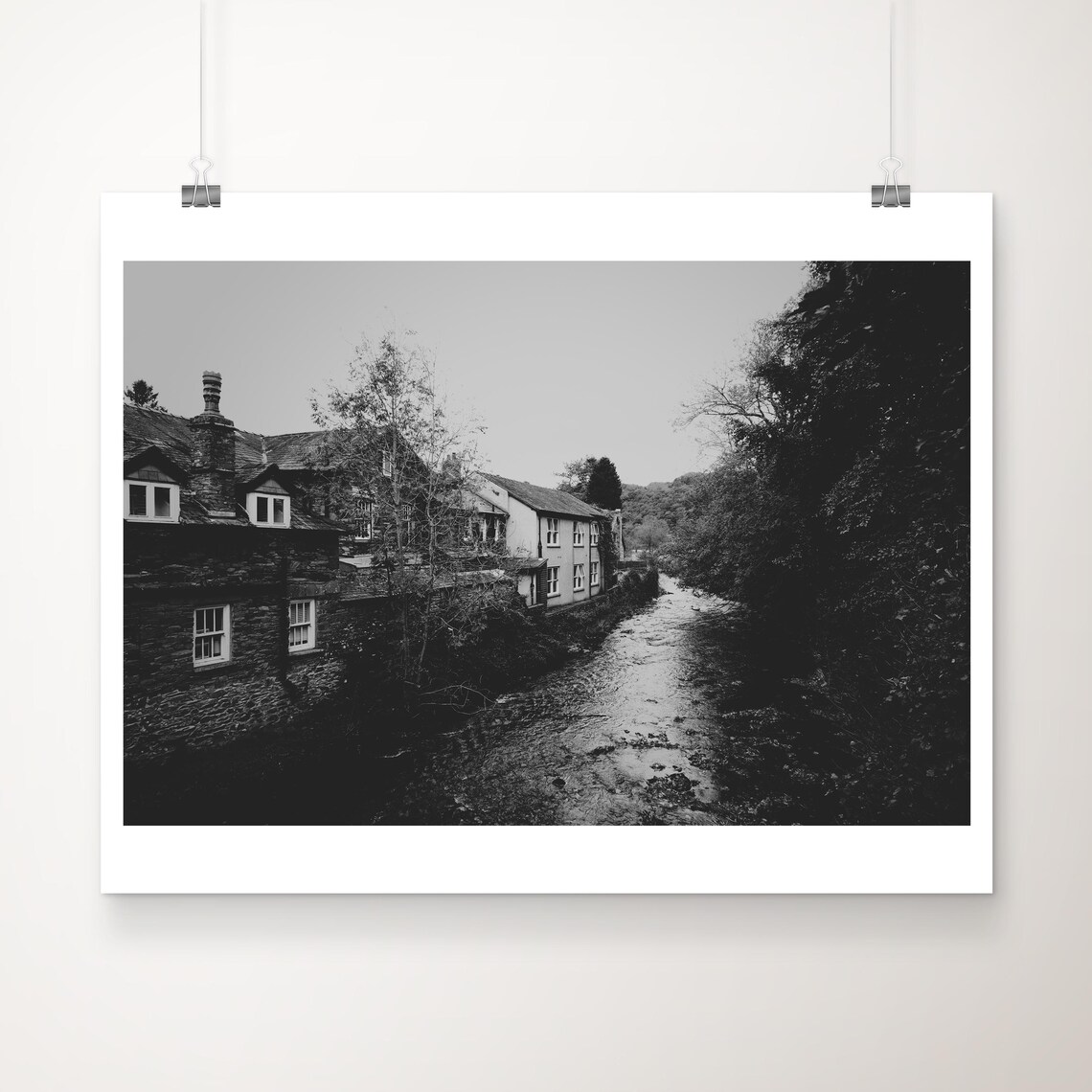 Grasmere Lake District Black And White Village River Scene Poster