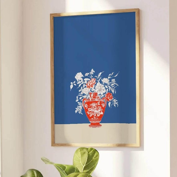 Blue And Red Floral Art Print Grandmillennial Decor Wall For Living Room Chinoiserie Fine Poster