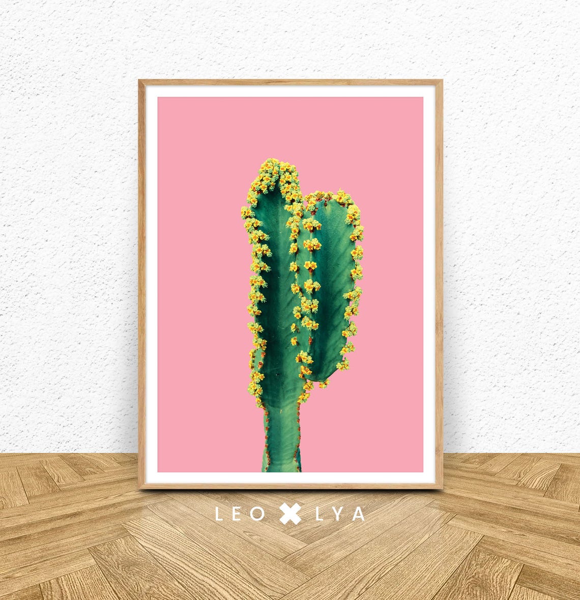 Green Cactus Yellow Flowers Pink Background Modern Botanical Poster