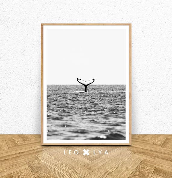 Black And White Ocean Beach Whale Tail Art Print
