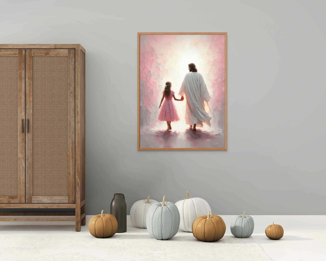 Jesus Walking Away With Girl Hand In Hand Pink Mist Light Christian Poster - Image 3