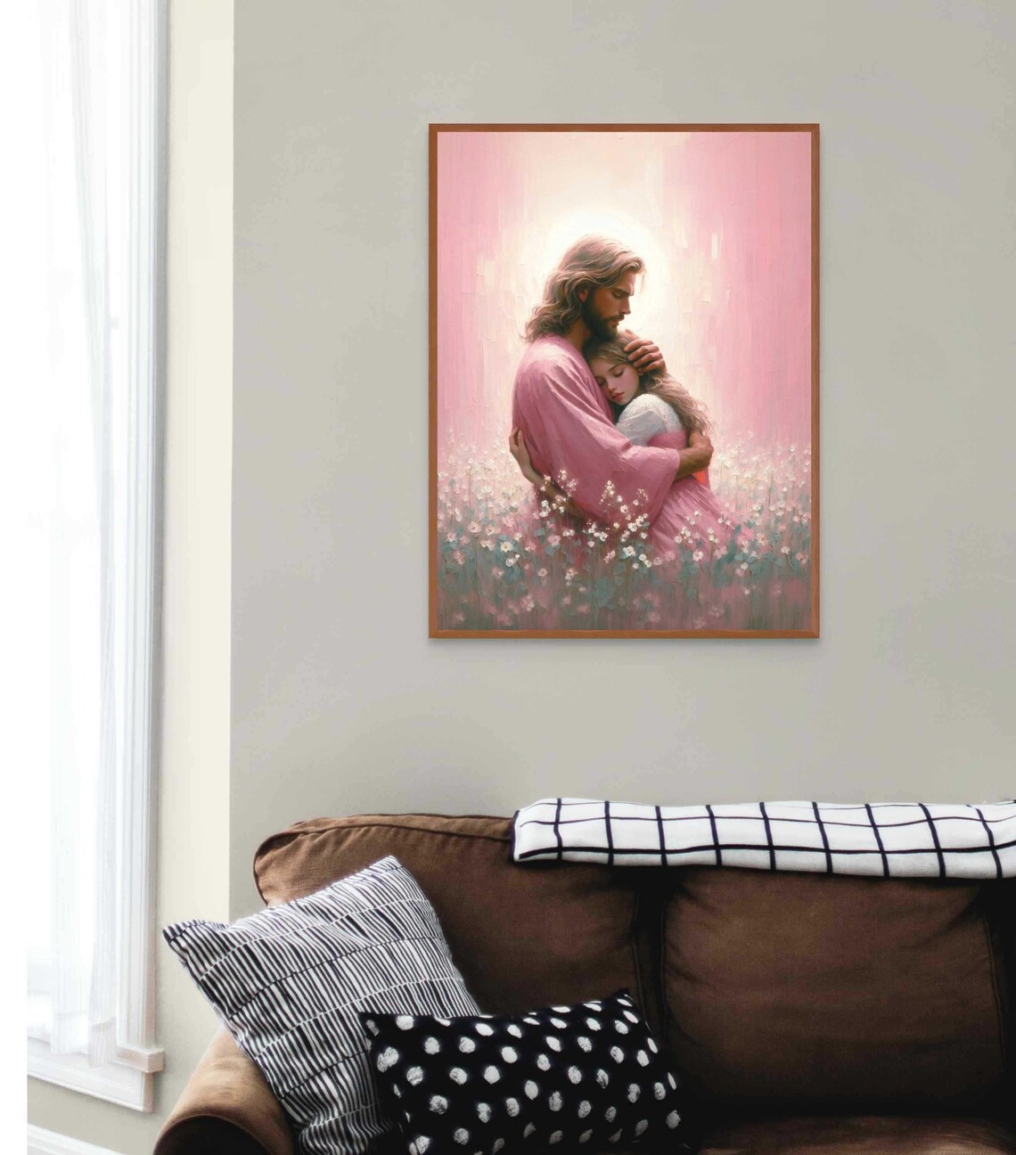 Jesus Embracing Girl in Wildflower Meadow Pink Robe Art Poster - Image 3