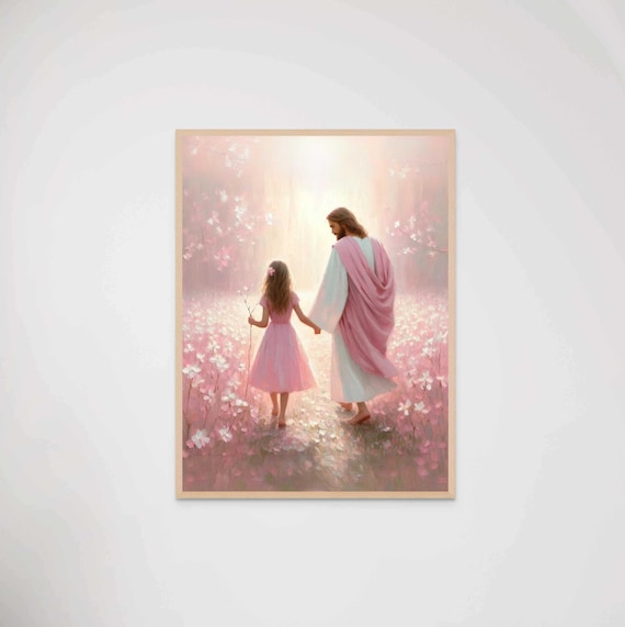 Jesus Holding Girl Hand Walking Pink Flower Field Gentle Christian Poster