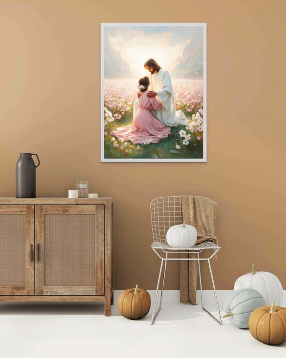 Jesus Embracing Kneeling Girl White Wildflowers Mountain Christian Poster