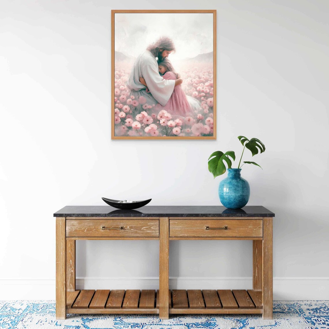 Jesus Embracing Little Girl Soft Pink Cosmos Flower Field Christian Poster - Image 6