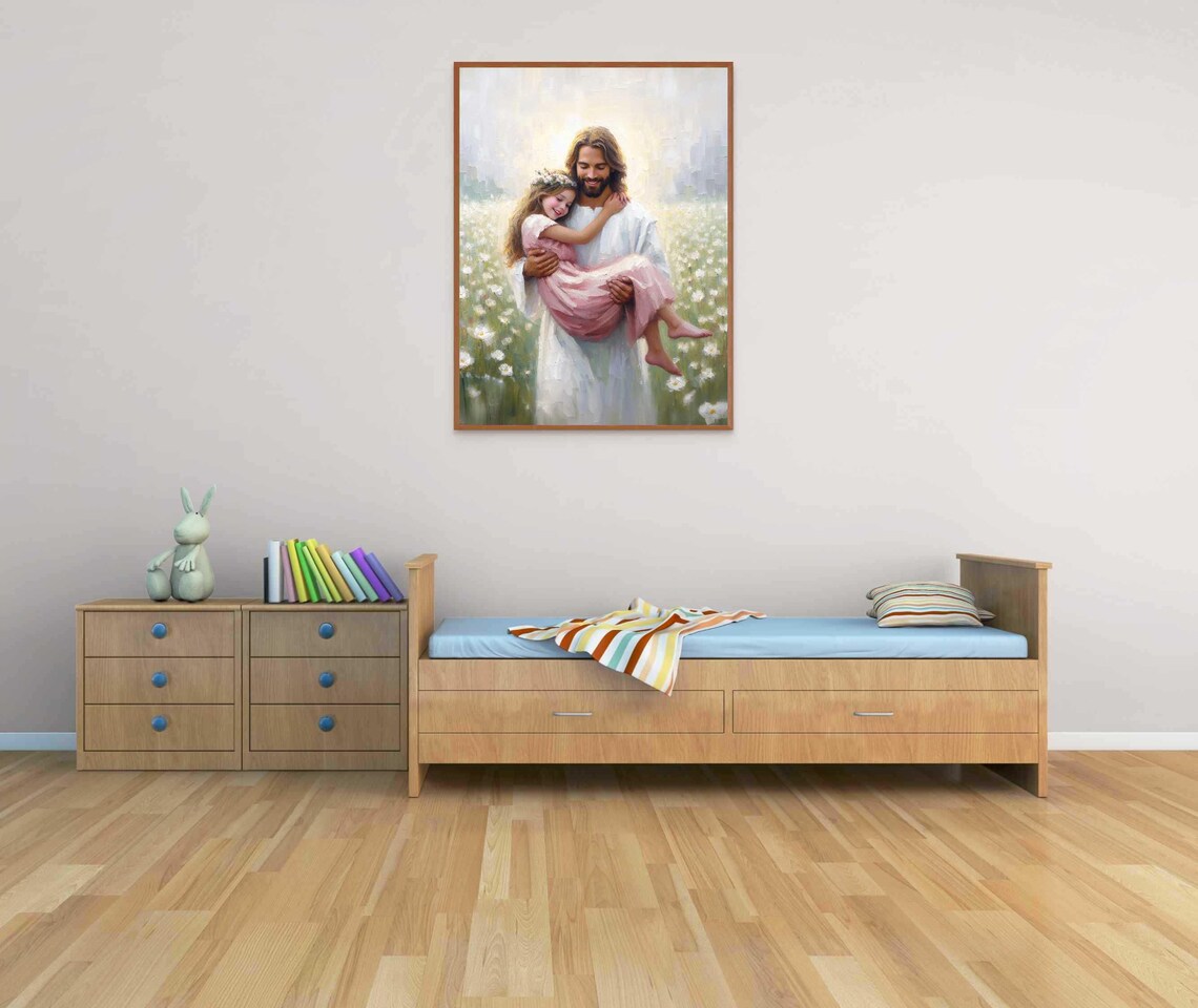 Jesus Carrying Girl With Flower Crown Through Daisy Field Poster - Image 5