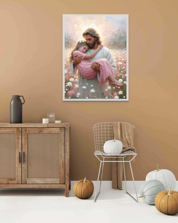 Jesus Carrying Little Girl Through White Daisy Field Christian Poster