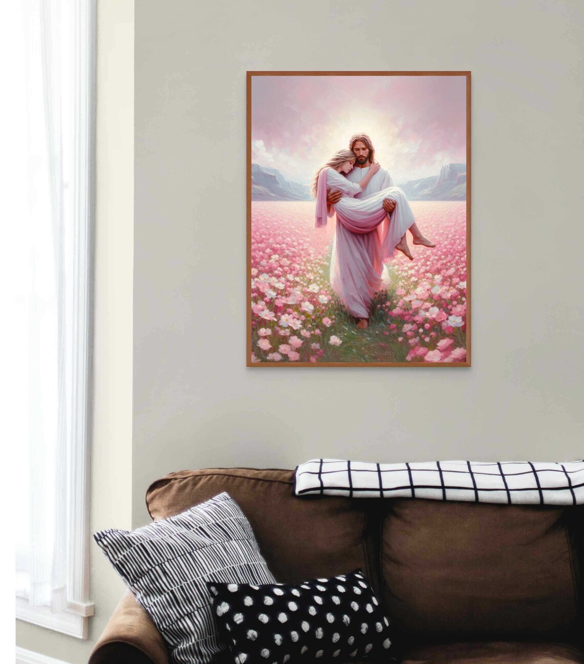 Jesus Carrying Woman Through Pink Flower Field Mountains Christian Poster - Image 2